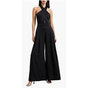 French Connection Harlow Satin Cross Over High Neck Jumpsuit Black Women's 8 NWT